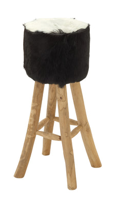 Teak Black Hide Bar Stool