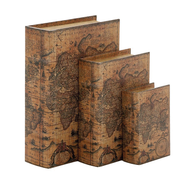 Wood Faux Leather Book Box Set Of 3