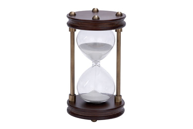 Wood Metal Glass Sand Timer With Artistically Carved Round Shape Base