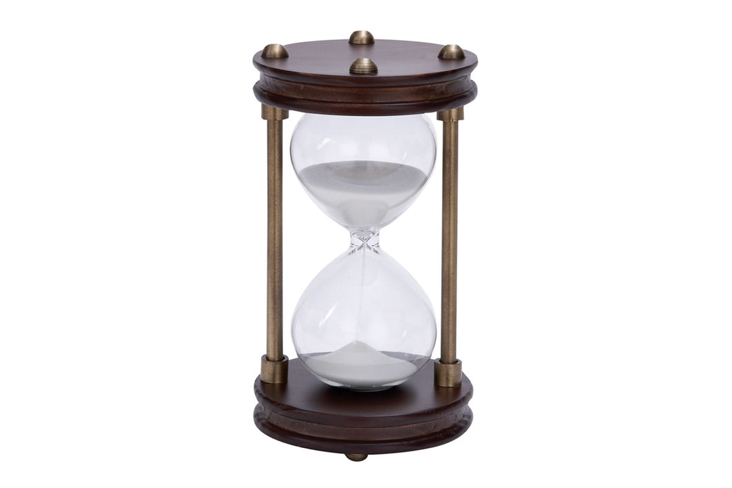 Wood Metal Glass Sand Timer With Artistically Carved Round Shape Base