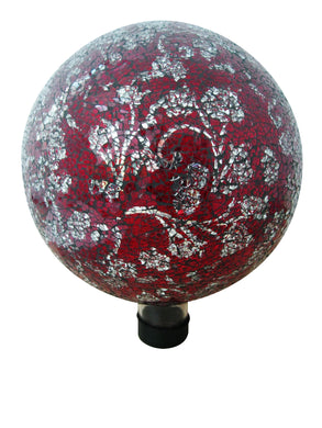 10 Inch Mosaic Glass Gazing Globe With Flower Pattern - Red