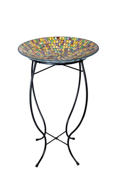 16 Inch Yellow/Purple/Green Mosaic Birdbath With Metal Stand