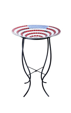 18 Inch Mosaic American Flag Glass Birdbath With Metal Stand