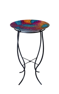 16 Inch Mosaic Multi Colored Birdbath With Metal Stand