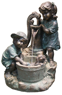 33 Inch Two Bronze Kids Giving A Bath To Their Dog Fountain