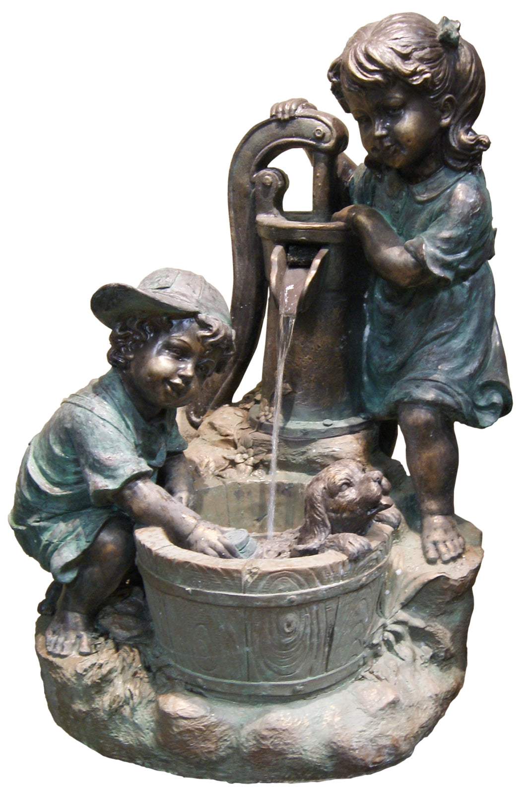 33 Inch Two Bronze Kids Giving A Bath To Their Dog Fountain