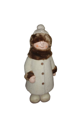 29 Inch Girl Standing With White & Brown Coat And Hat decor