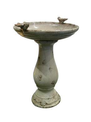 24 Inch Antique Ceramic Birdbath With Birds -Light Brown