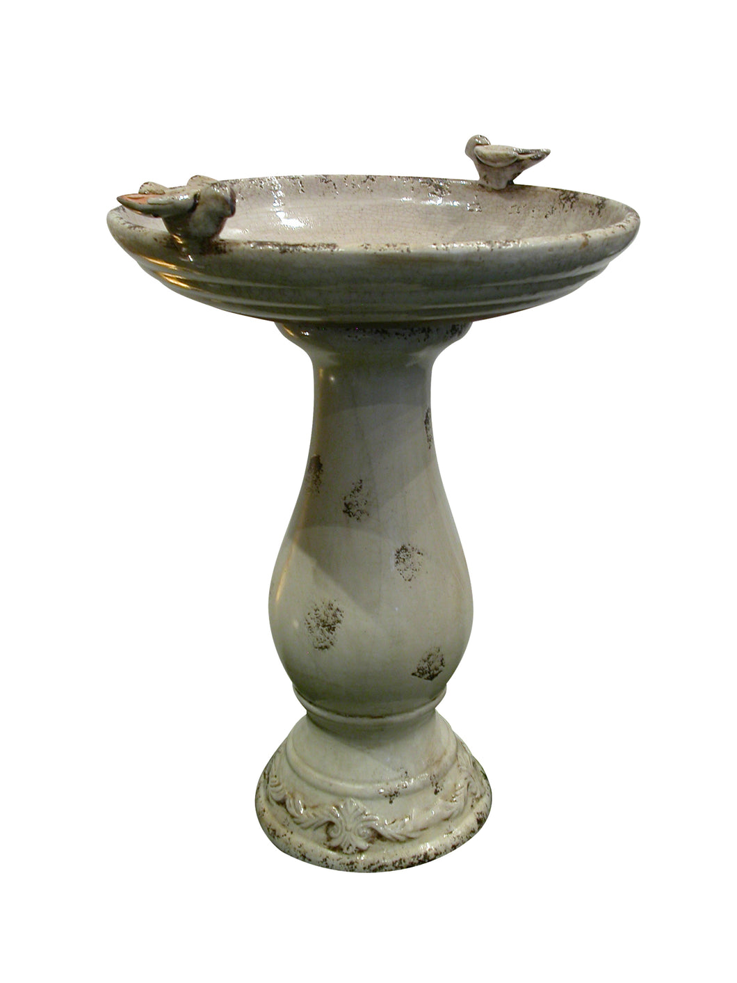 24 Inch Antique Ceramic Birdbath With Birds -Light Brown