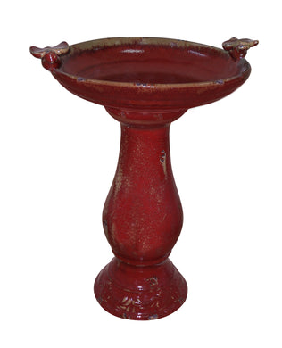 24 Inch Antique Ceramic Birdbath With Birds -Red