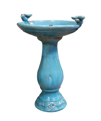 24 Inch Antique Ceramic Birdbath With Birds -Turquoise