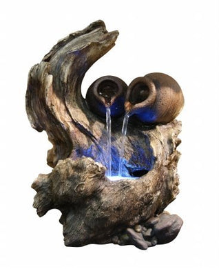 Two Pots Cascading On Tree Branch Tabletop Fountain