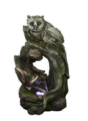 32 Inch Owl Rainforest Tree Trunk Fountain With Led Lights