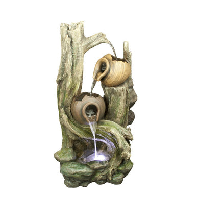39 Inch Tiered Jars Rainforest Tree Trunk Fountain W/ White Led
