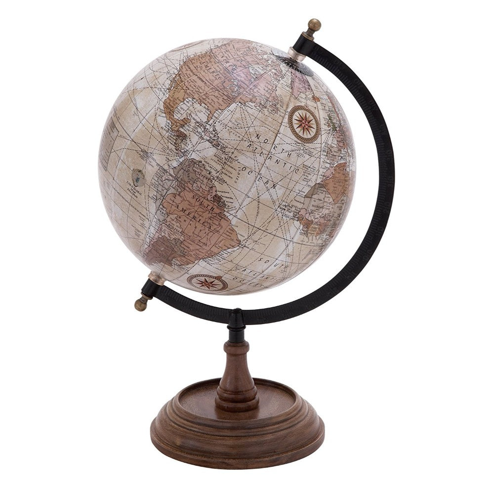 Wooden And Metal Globe In Brown Finish And Intricate Detailing