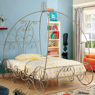 Well Carved Twin Size Metal Bed, Gold