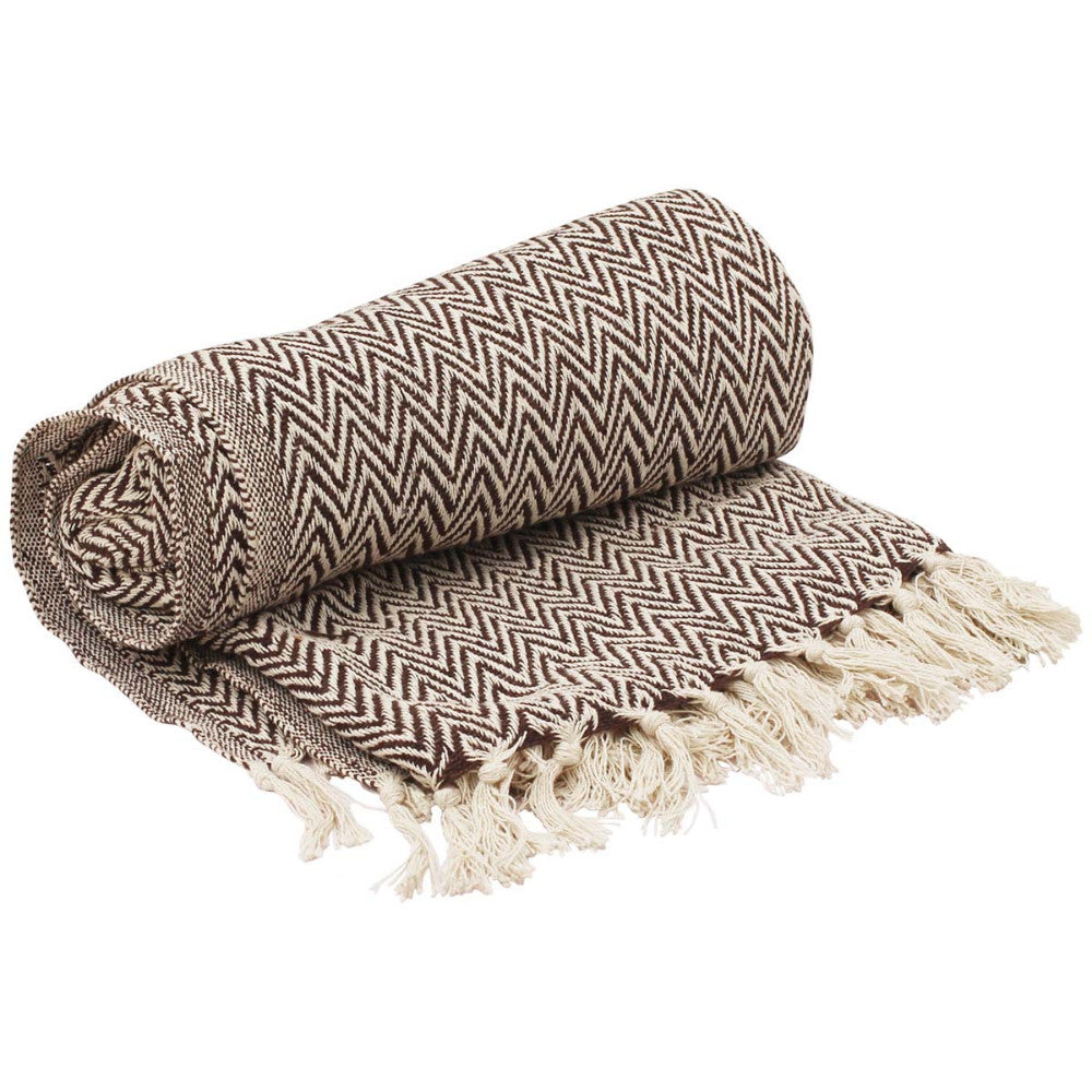 Throw Blanket Dark Rich Brown & White Reversible with Tassels