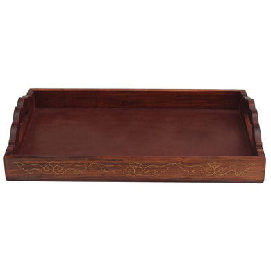 15x11-Inch Wooden Antique Look Tray with Handles, Brass Inlay