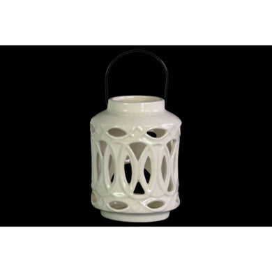 White  Cylindrical Lantern - Metal Handle and Looping Cutout Design - Benzara
