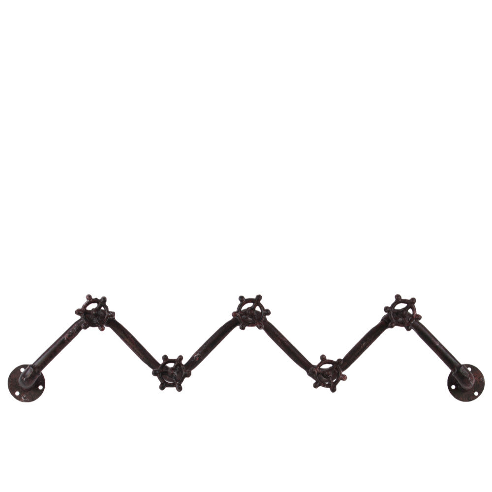 5 Hooks Zig Zag Coat Hanger with Plumbing Theme - Brown - Benzara