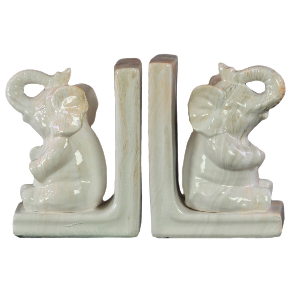 Trumpeting Baby Elephant Figurine Bookend Assortment of 2 - Cream - Benzara