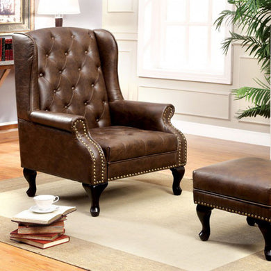 Vaugh Traditional Wing Accent Chair In Nail Head, Rustic Brown Finish