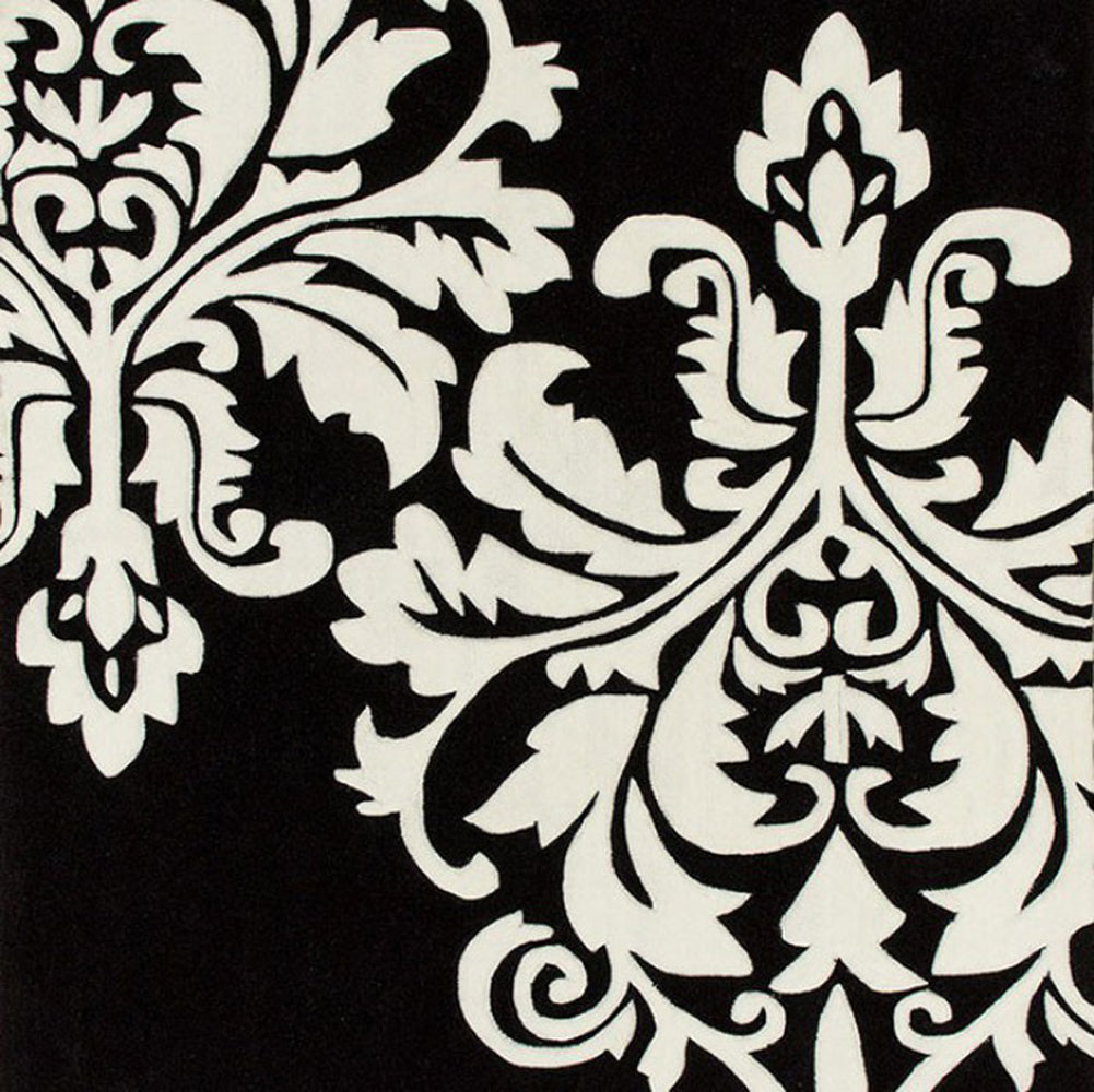 Agape Contemporary Area Rug Black Backgroung White Floral Print
