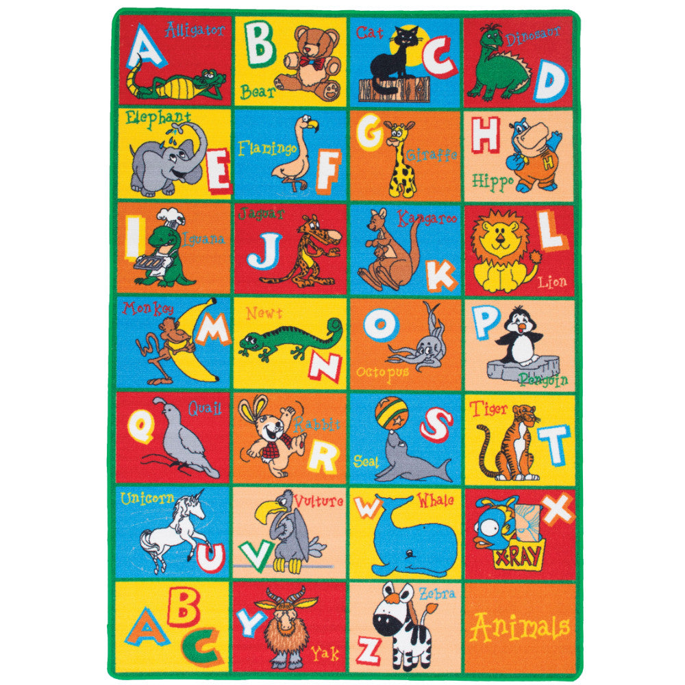 Abbey Contemporary Kids Area Rug Abc Animals With non Slipping Gel Back, Multicolor