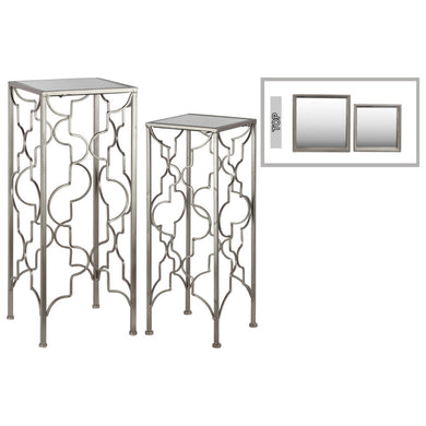 Tall Accent Table with Mirror Top Square Base Set of 2 -Silver-Benzara