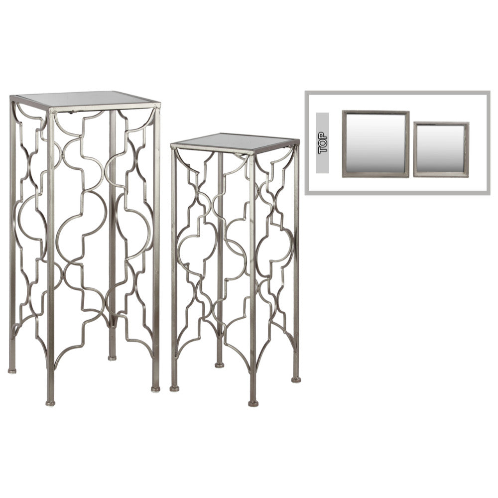 Tall Accent Table with Mirror Top Square Base Set of 2 -Silver-Benzara