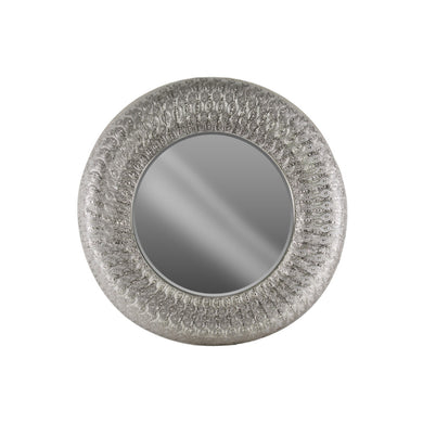 Accent Round Wall Mirror Parquet Pierced Metal Frame-Silver-Benzara