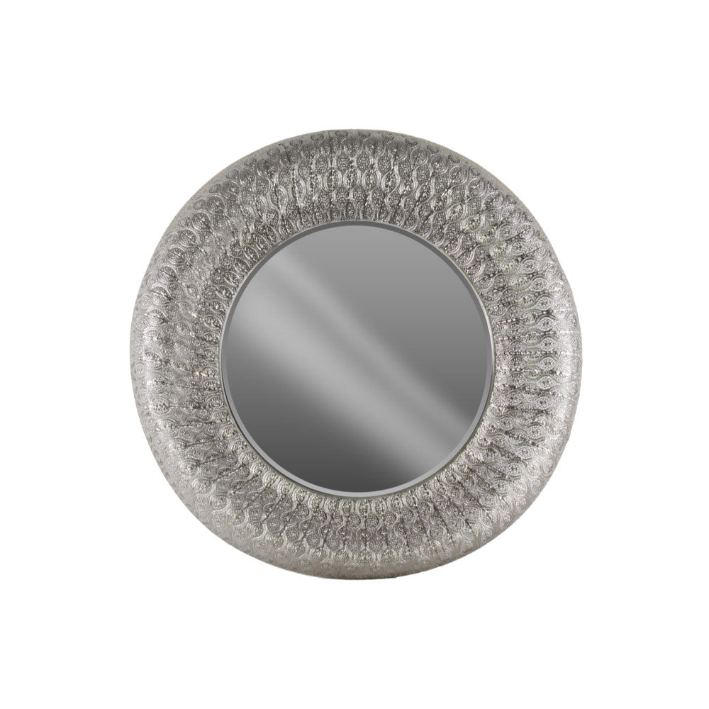 Accent Round Wall Mirror Parquet Pierced Metal Frame-Silver-Benzara
