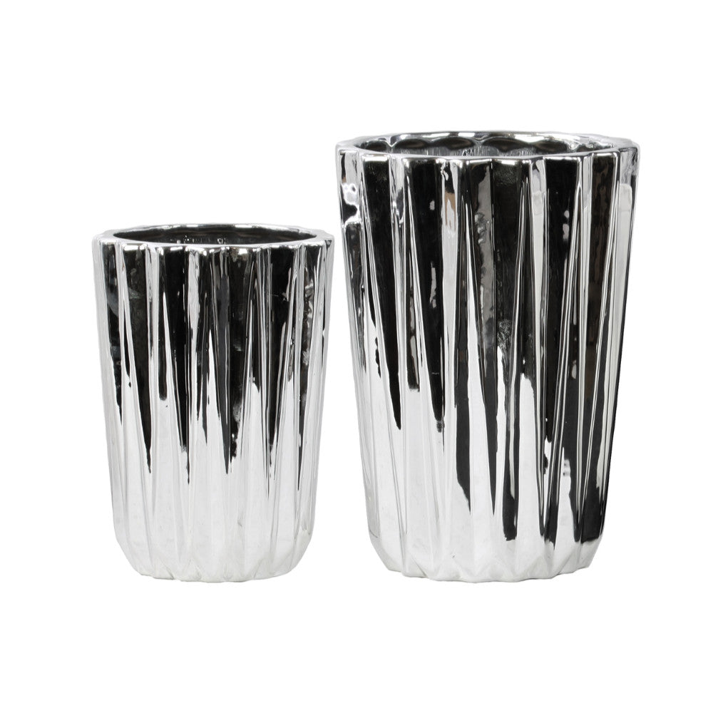 Tapered Round Flower Vase Set of Two - Silver - Benzara