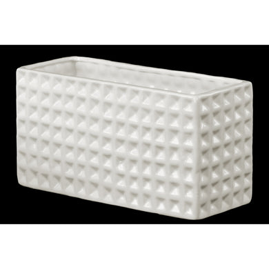 Wide Rectangular Vase Dimpled Finish- Large- White- Benzara