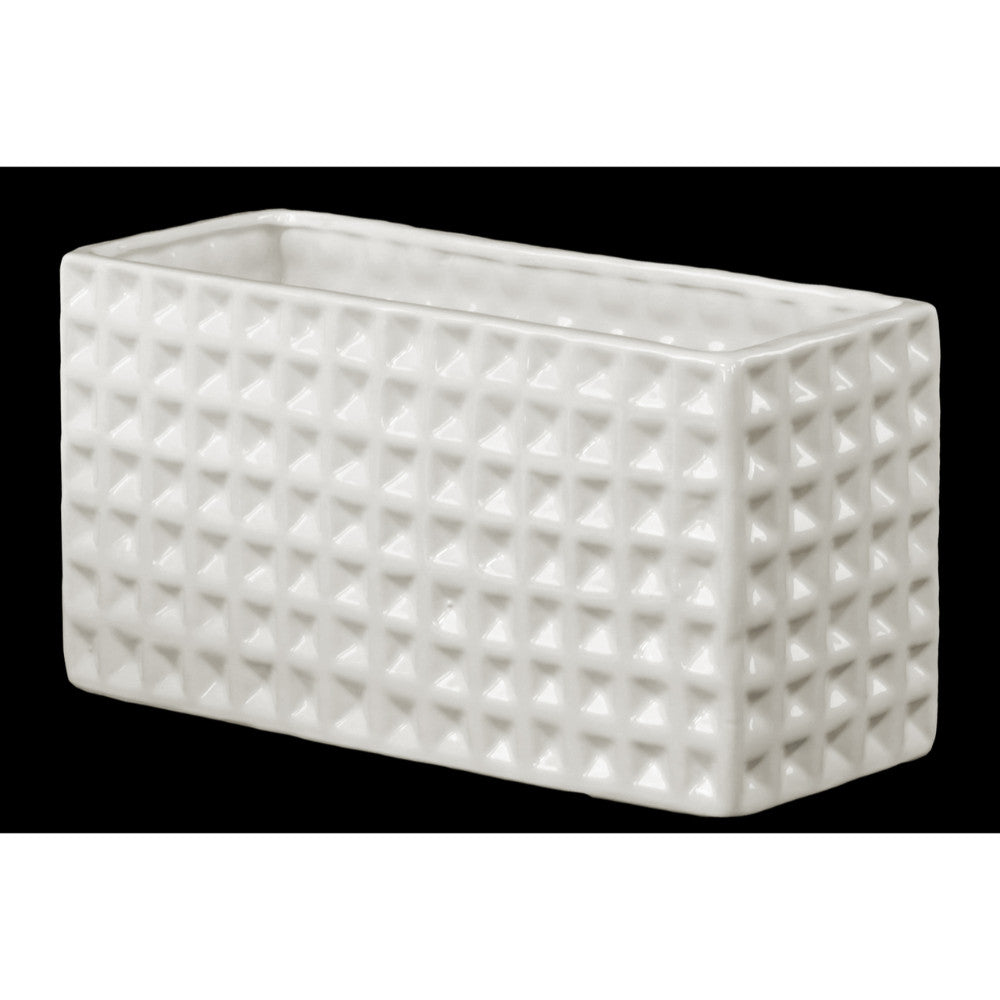 Wide Rectangular Vase Dimpled Finish- Large- White- Benzara
