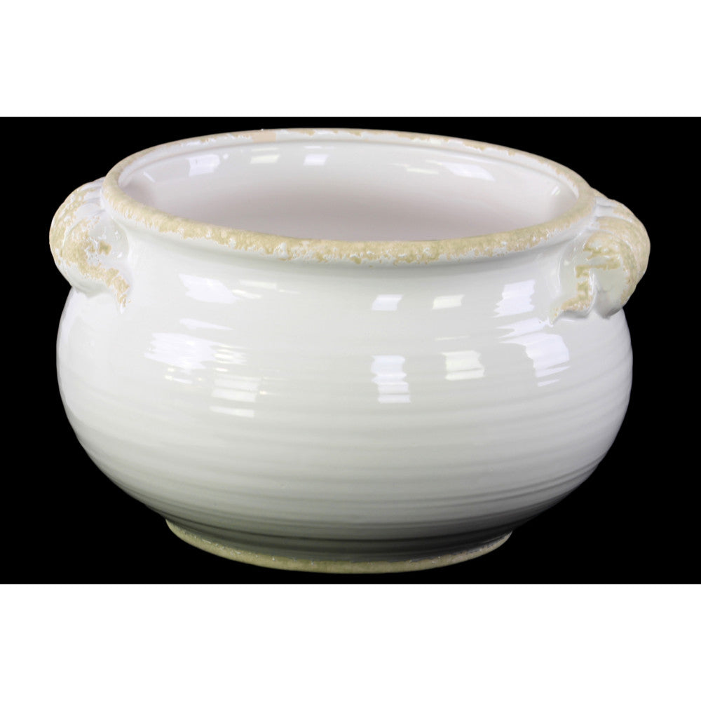 Wide Bellied Tuscan Pot with Handles- Large- White- Benzara