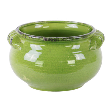 Wide Round Bellied Tuscan Pot with Handles- Large- Green- Benzara