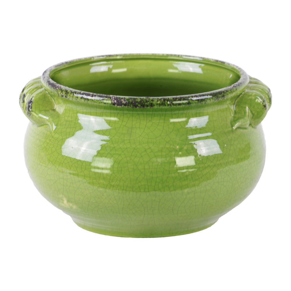 Wide Round Bellied Tuscan Pot with Handles- Large- Green- Benzara