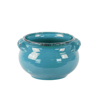 Wide Bellied Tuscan Pot with Handles Distressed-Small- Blue-Benzara