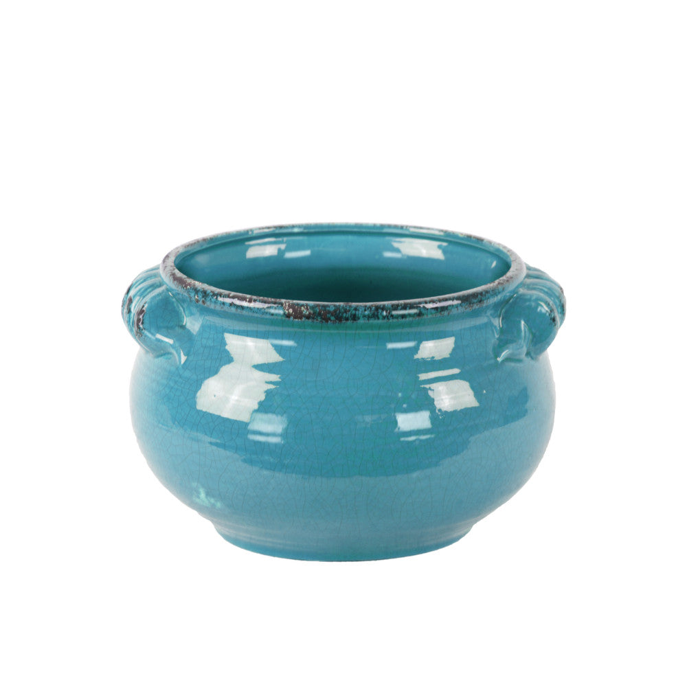 Wide Bellied Tuscan Pot with Handles Distressed-Small- Blue-Benzara