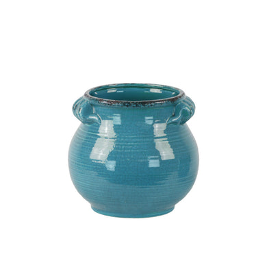 Tall Bellied Tuscan Pot with Handles Distressed- Small- Blue- Benzara