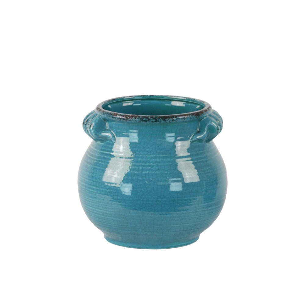 Tall Bellied Tuscan Pot with Handles Distressed- Small- Blue- Benzara