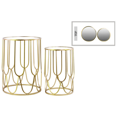 Vibrant Round Nesting Metal Table with Mirror Top-Set of 2- Gold- Benzara