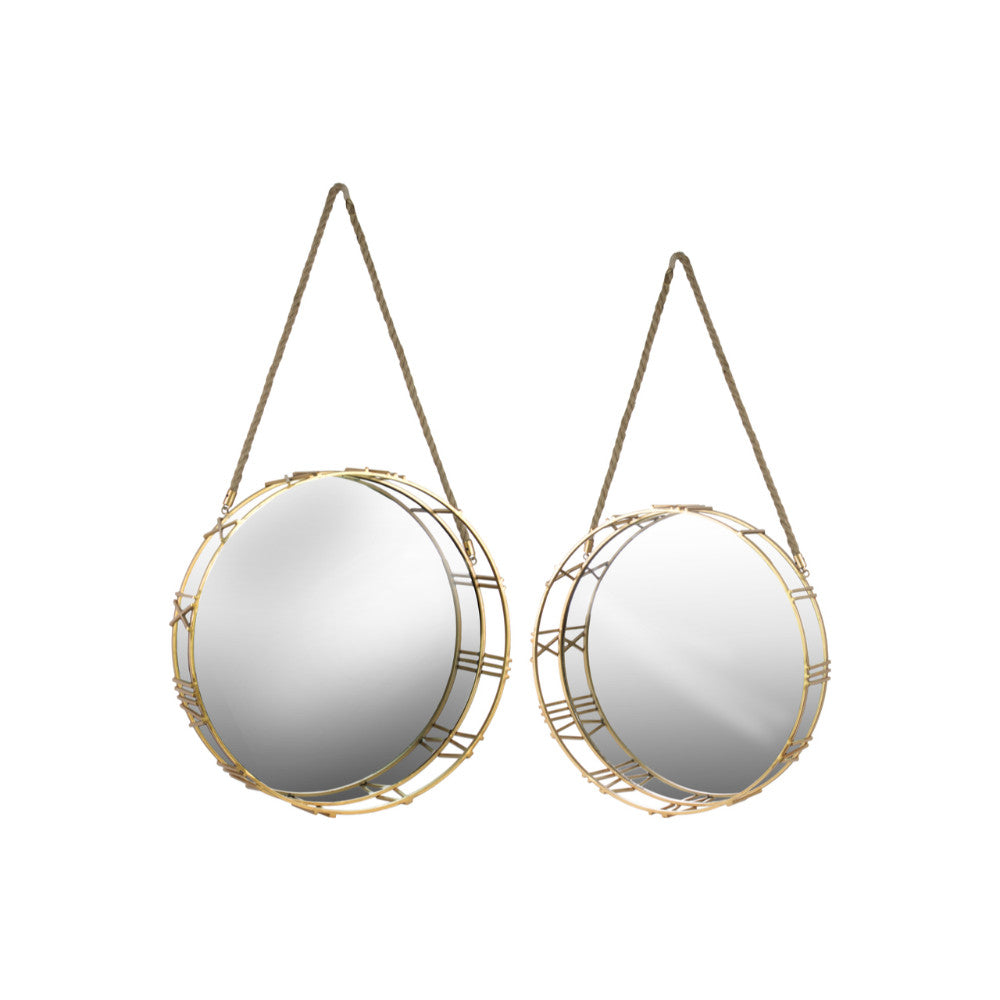 Wall Mirror with Roman Numeral Frame & Rope Handle-Set of 2-Gold-Benzara
