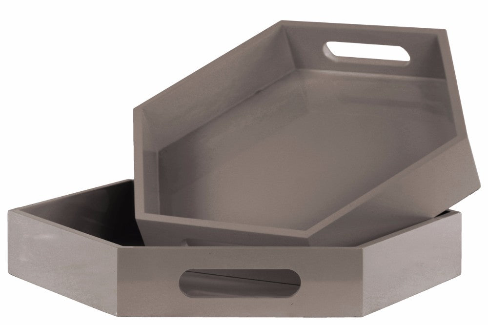 Wooden Hexagonal Tray with Cutout Handles- Set of 2- Gray- Benzara
