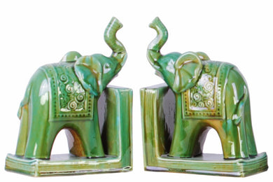 Trumpeting Standing Elephant Bookend Set - Green - Benzara