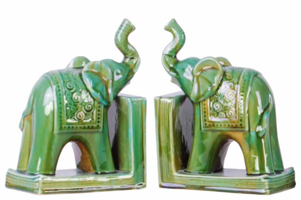 Trumpeting Standing Elephant Bookend Set - Green - Benzara