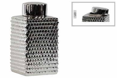 Tall Square Canister Round Lid Polygonal Design, Large-Silver-Benzara