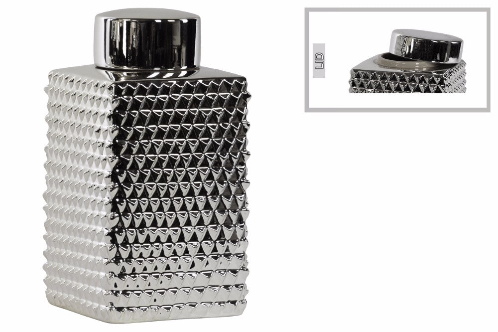 Tall Square Canister Round Lid Polygonal Design, Large-Silver-Benzara