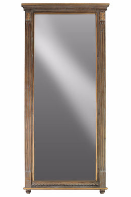 Wood Rectangular Wall Mirror with Tabernacle Design Frame - Brown -Benzara